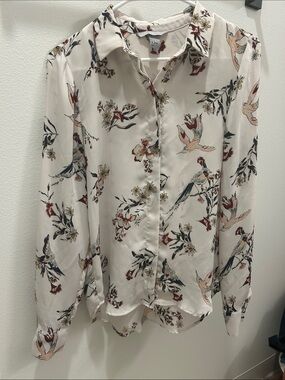 H&M Cream Button-Down Blouse with Floral & Bird Print